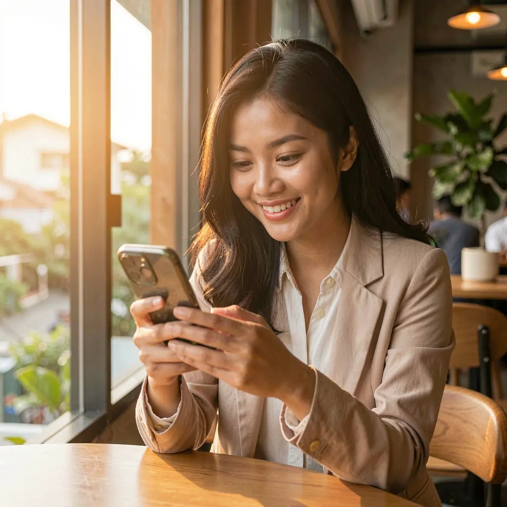 E6777 App – Enjoy a smooth and stylish mobile casino experience in the Philippines Stylish Filipino woman relaxing in a modern cafe while using the E6777 mobile casino app on her smartphone