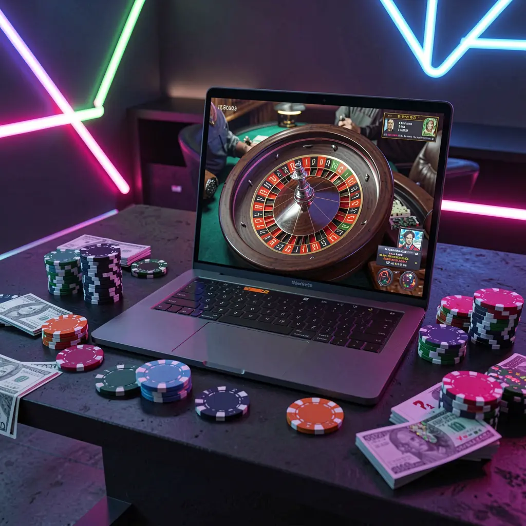 E6777 – Discover an exciting world of online casino games in the Philippines Stylish online casino setup with a laptop displaying roulette and colorful chips reflecting the vibrant gaming experience offered by E6777 in the Philippines