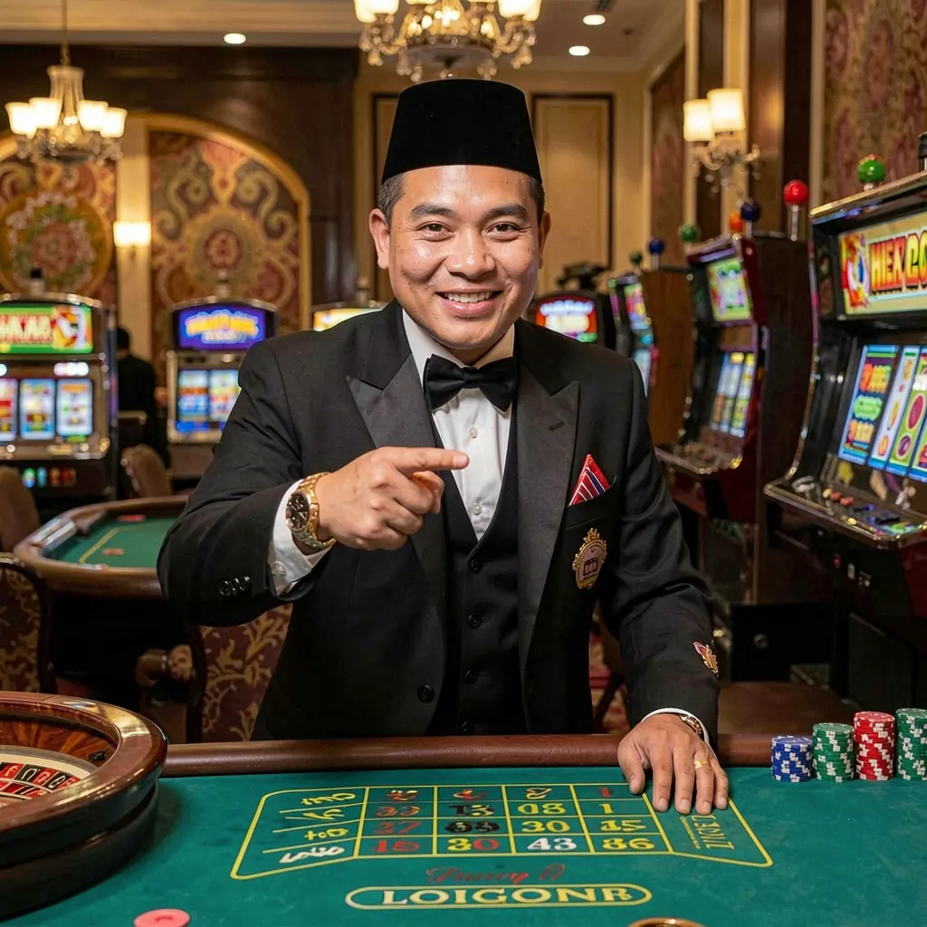 E6777 Login – Enter your account and start playing today in the Philippines Friendly Filipino casino host pointing forward inside a vibrant casino environment symbolizing trusted player login at E6777 in the Philippines